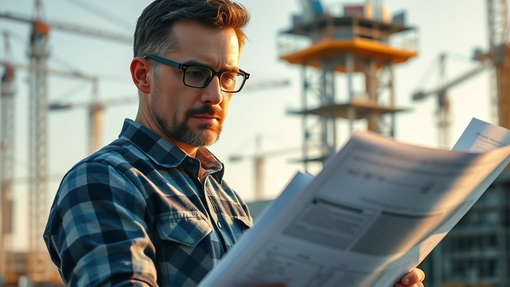 focused project manager analyzing blueprints and digital plans at a London construction site, cranes, scaffolding, morning sun