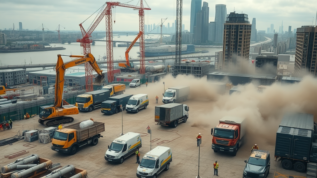 sprawling construction site in Canary Wharf, energetic environment, heavy machinery and workers, river Thames, skyscrapers, high fidelity, dusty