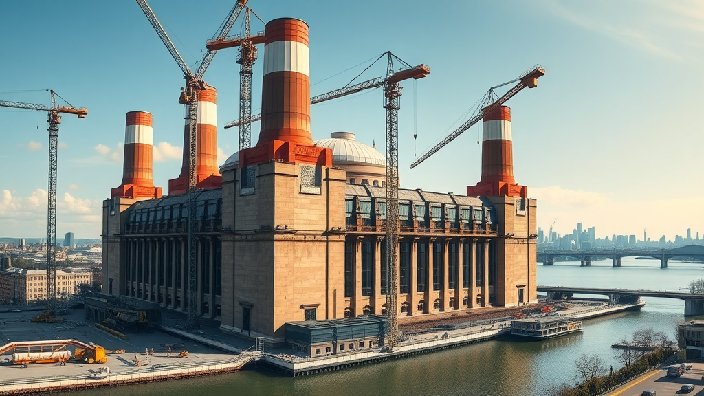 grand regeneration of Battersea Power Station, cranes and teams, iconic façade, Thames, city skyline, high fidelity, midday sunshine