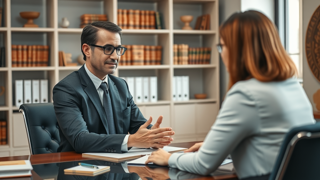 Professional legal advice lawyer consulting a client in a friendly law office setting