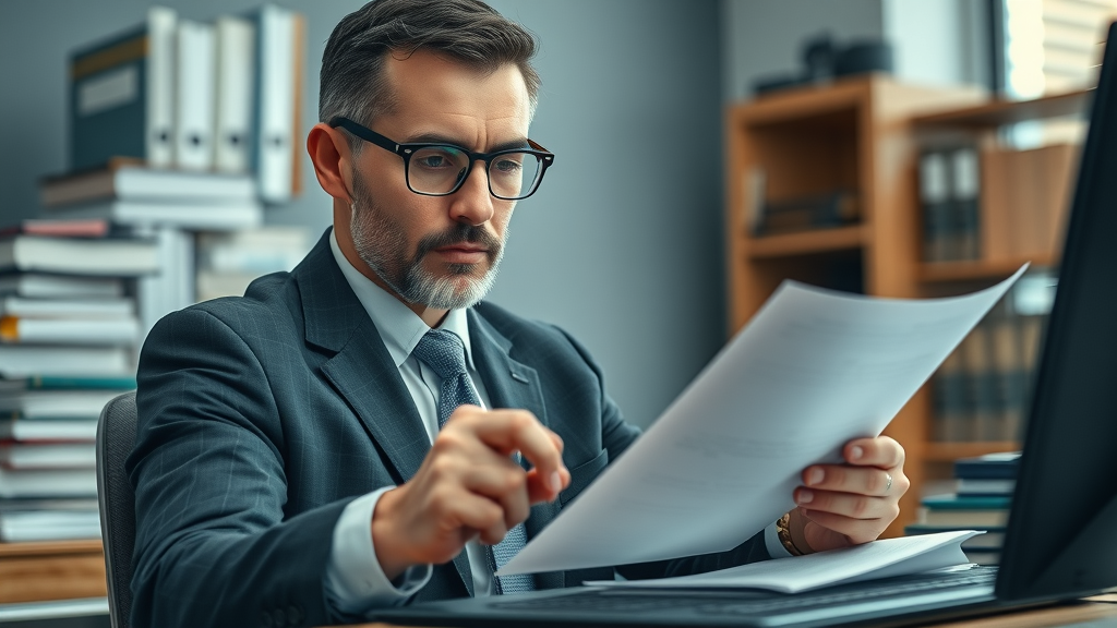 Dedicated legal advice lawyer reviewing documents and working in private law office