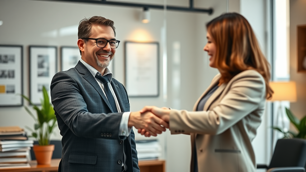 Individual confidently shaking hands with a legal advice lawyer after a successful legal consultation