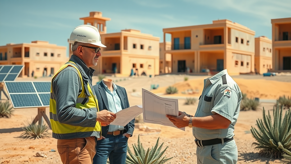 Water conservation technologies for green construction in arid regions site; engineers review sustainable plans with solar panels, sand, and desert flora.
