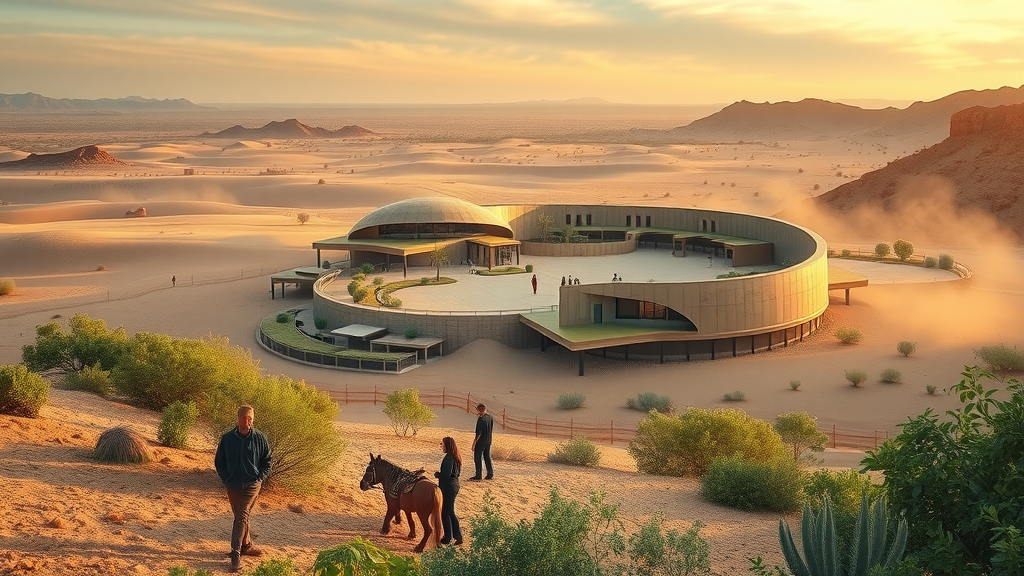 Desert landscape meets lush eco-friendly green buildings, symbolizing water conservation efforts in arid regions.