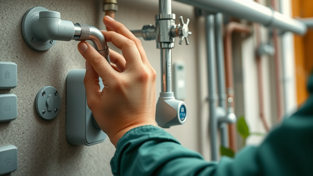 Hands installing smart water sensors and low-flow fixtures for green buildings in arid regions.