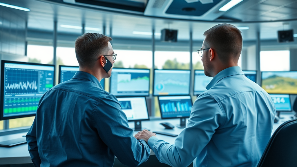 Control room monitoring smart water management systems for green construction, featuring digital dashboards and eco-campus views.