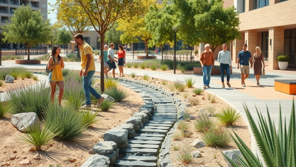 Eco-friendly urban park with bioswales and permeable pavements for water conservation in arid green building projects.