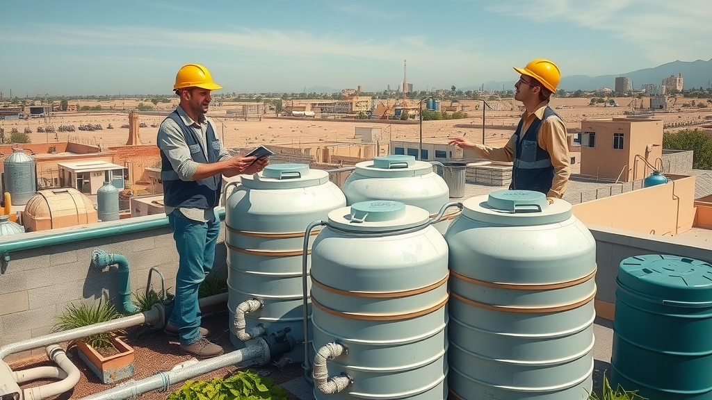 Rainwater harvesting equipment on green building rooftop in arid region, with engineers inspecting storage tanks and rooftop gardens.