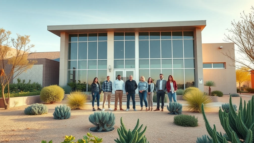 Modern office with drought-tolerant landscaping, eco-features, and drip irrigation in arid region setting, green building success.