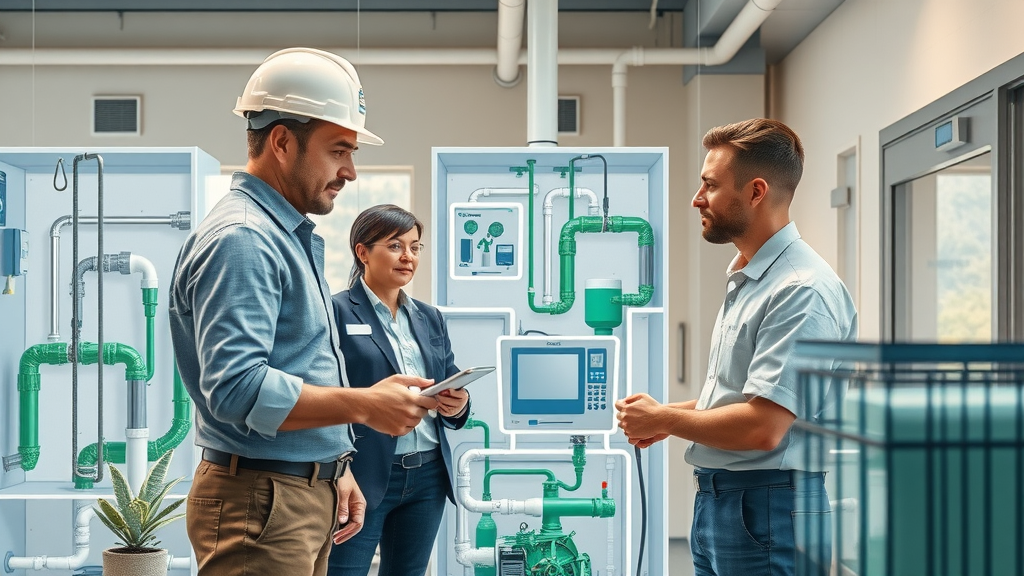 Labeled water conservation technologies explained for green building in arid regions, architects viewing greywater and irrigation systems.
