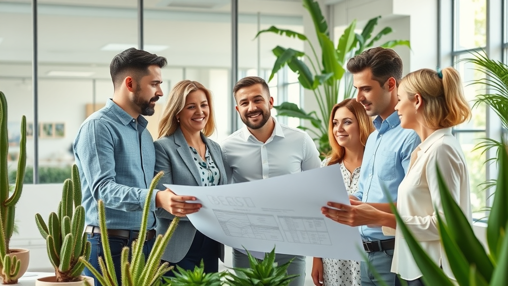 Team of eco-conscious construction executives discussing water conservation and green building in arid region, with green plans and desert plants.