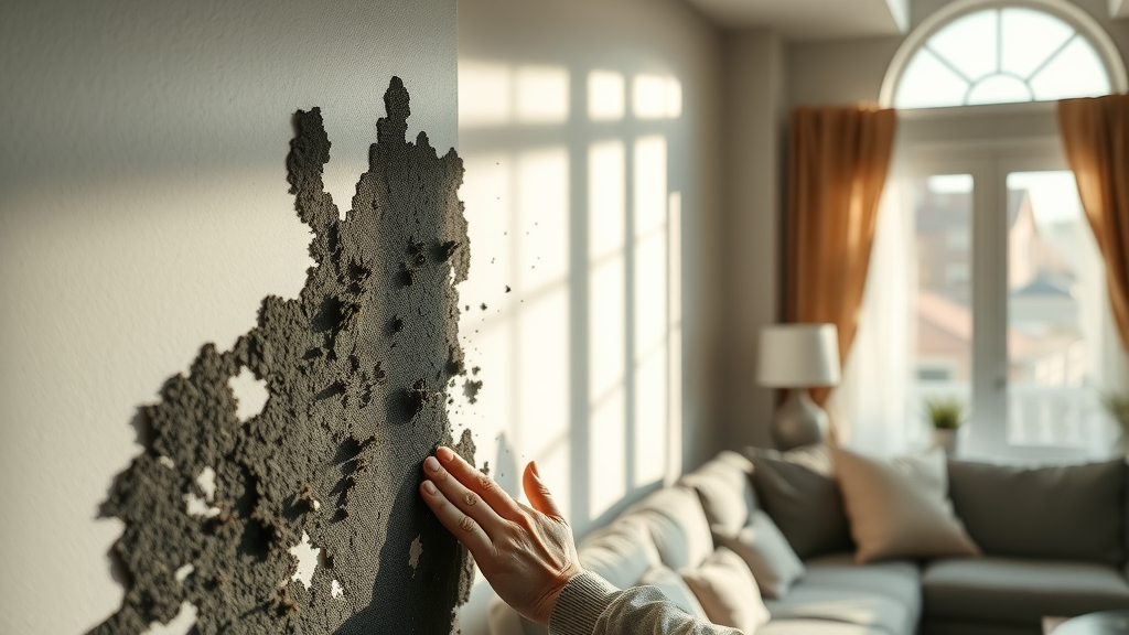 Dramatic close-up of black mold growing on a residential wall in a sunlit San Diego living room with a homeowner inspecting mold damage, humidifiers, and condensation on window, visible mold spores in the air, depth of field focusing on the mold - mold remediation quotes san diego ca