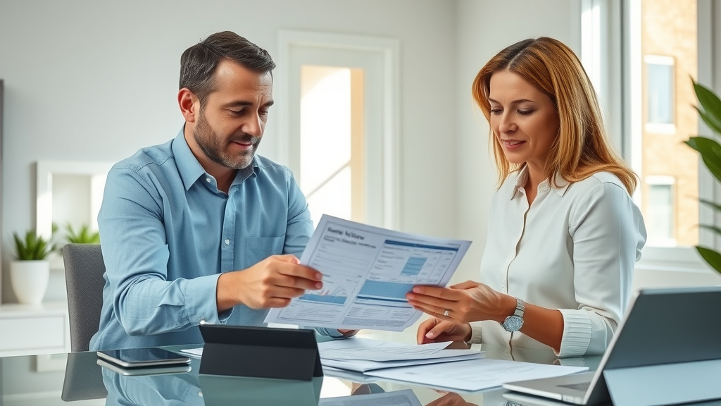 Mold remediation professional reviewing a detailed quote with a homeowner in a bright San Diego home office, sunlight, paperwork and tablets, high-res; mold remediation quotes san diego ca