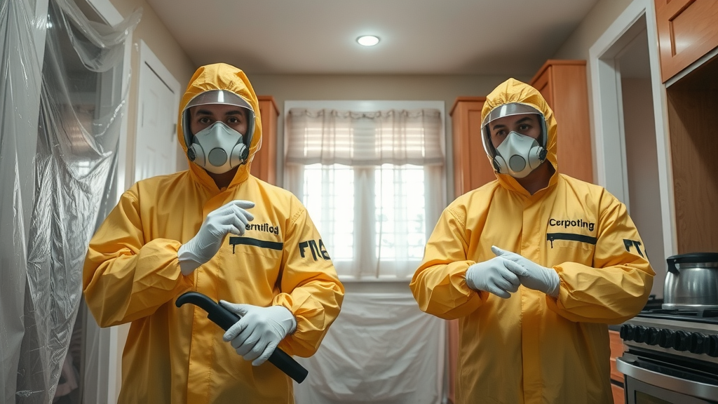 Certified mold remediation specialists in protective suits in a San Diego kitchen during containment and cleaning, with plastic sheeting, HEPA equipment, action, wide angle, mold remediation quotes san diego ca