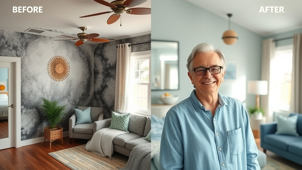 Side-by-side image of one room with visible black mold versus another after full remediation, satisfied homeowner, San Diego home with coastal decor, before-and-after contrast; mold remediation quotes san diego ca