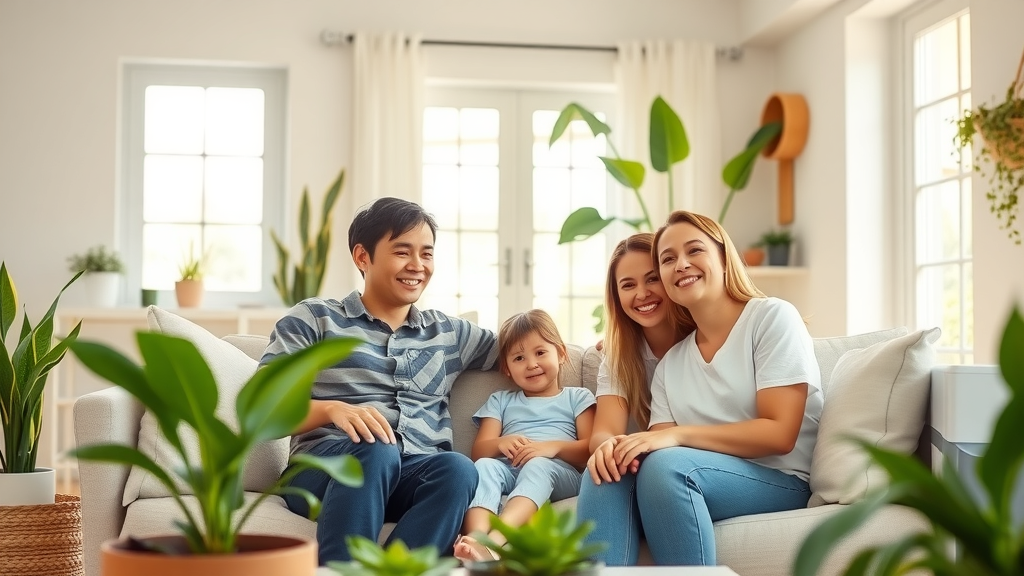 Bright San Diego family home interior, healthy happy family relaxing together in a freshly cleaned living room, air purifier and houseplants, sunny and safe; mold remediation quotes san diego ca