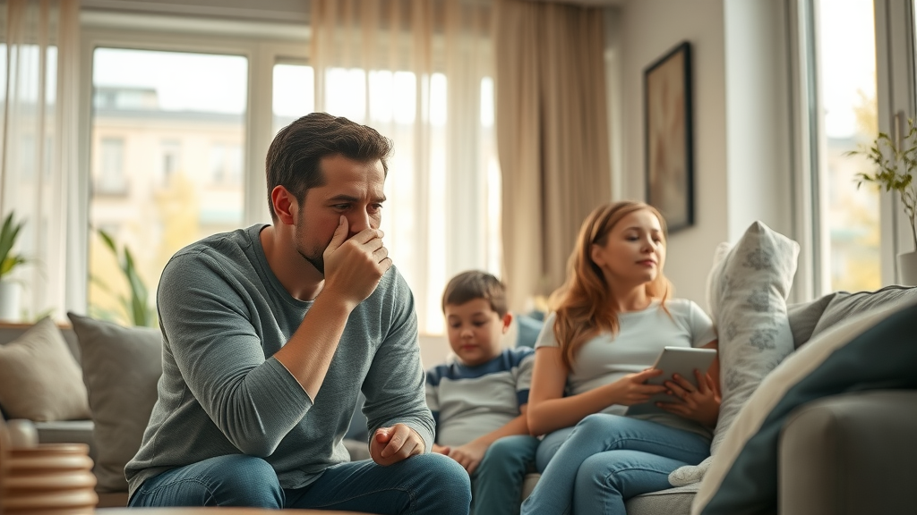 Family sneezing in mold-affected living room, highlighting black mold remediation impact on health