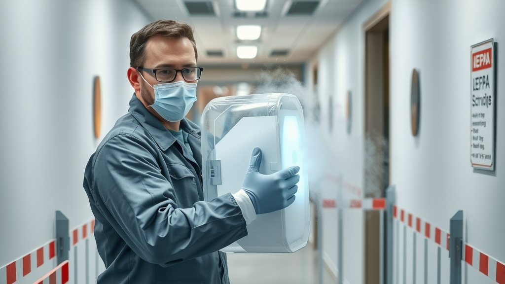 Professional setting up HEPA air scrubber for black mold remediation in a modern home