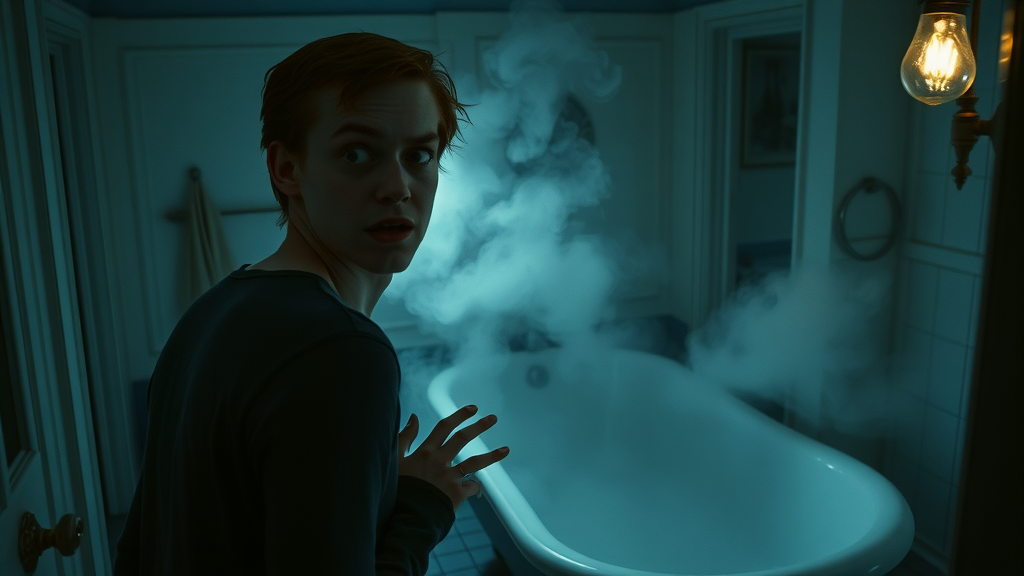 moody Victorian haunted bathroom with nervous person glancing at foggy mirror, swirling mist, and flickering lightbulb. Haunted bathroom atmosphere with old tile floors in cool blue-gray tones.