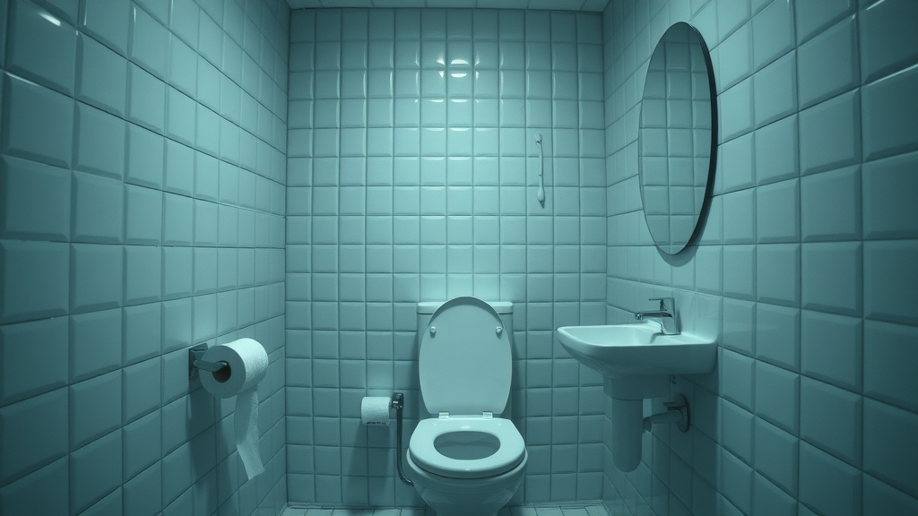eerie modern bathroom with toilet paper unraveling itself, ghostly reflections in the mirror, cold tiled room, blue-white tones, subtle mist for haunted bathroom.