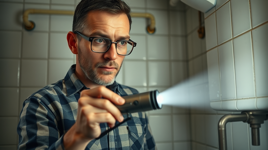 home inspector with flashlight analyzing pipes in vintage haunted bathroom with cracked tiles, dust motes, and natural daylight.