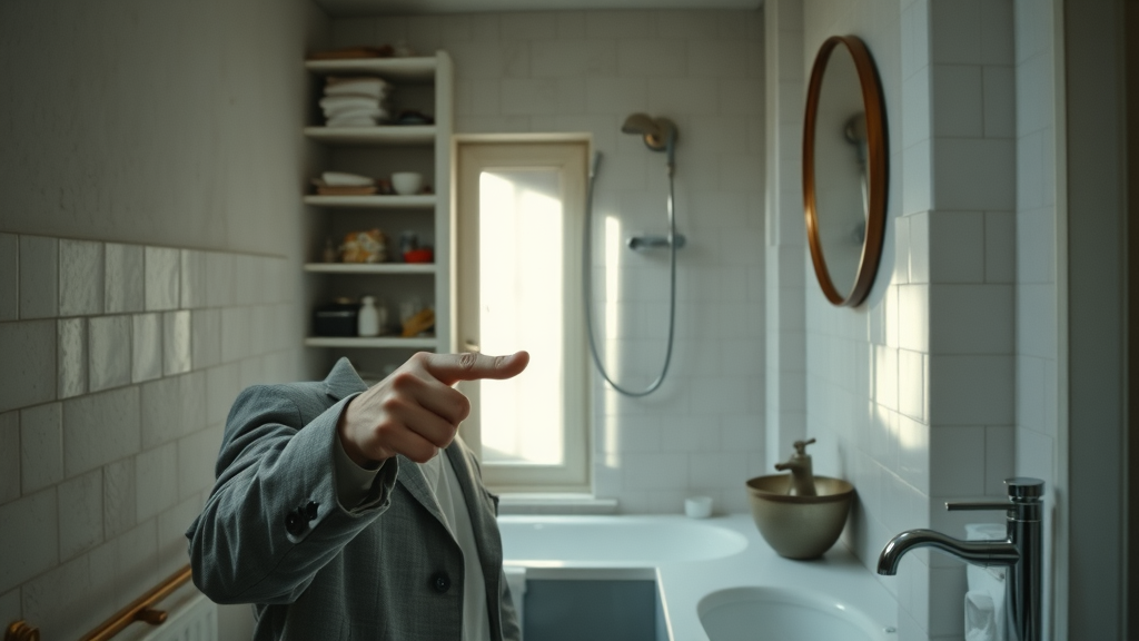 designer inspecting contemporary haunted bathroom with old fixtures and shadowy corners, cluttered shelves, shafts of daylight, and worn surfaces.