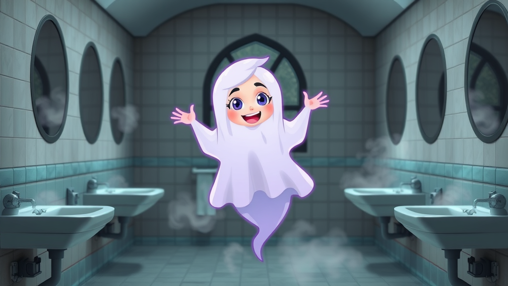 whimsical ghost girl floating in deserted school haunted bathroom with gothic arches and glowing light. Haunted bathroom meets playful Hogwarts theme.