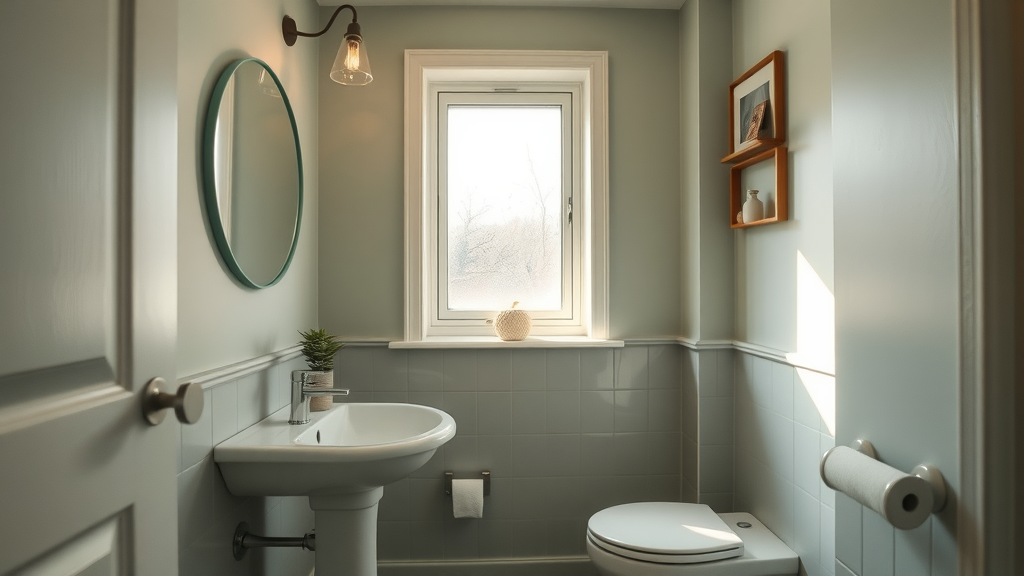 tastefully decorated half bath without shower, featuring stylish sink and toilet, sunlight, and soft colors for a serene, non-haunted bathroom.