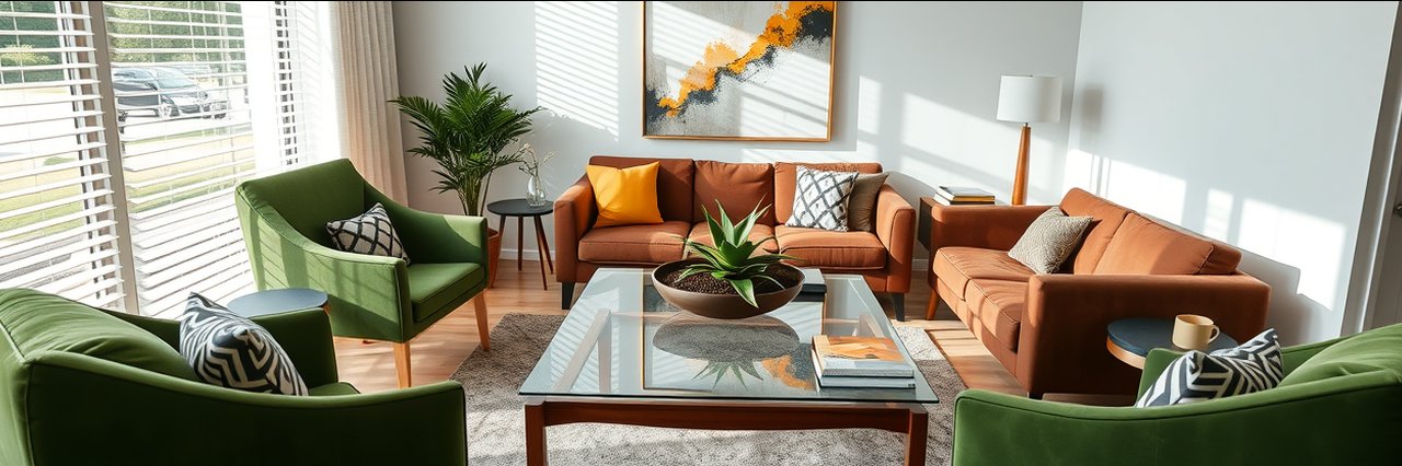Modern living room staged for experienced realtors Salt Lake, daylight, mid-century decor.