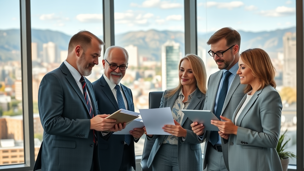 Experienced realtors Salt Lake team collaborating in modern office with mountain view
