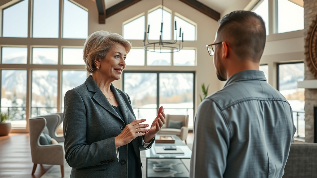 Experienced Salt Lake realtor guiding clients in bright luxury home, mountain backdrop