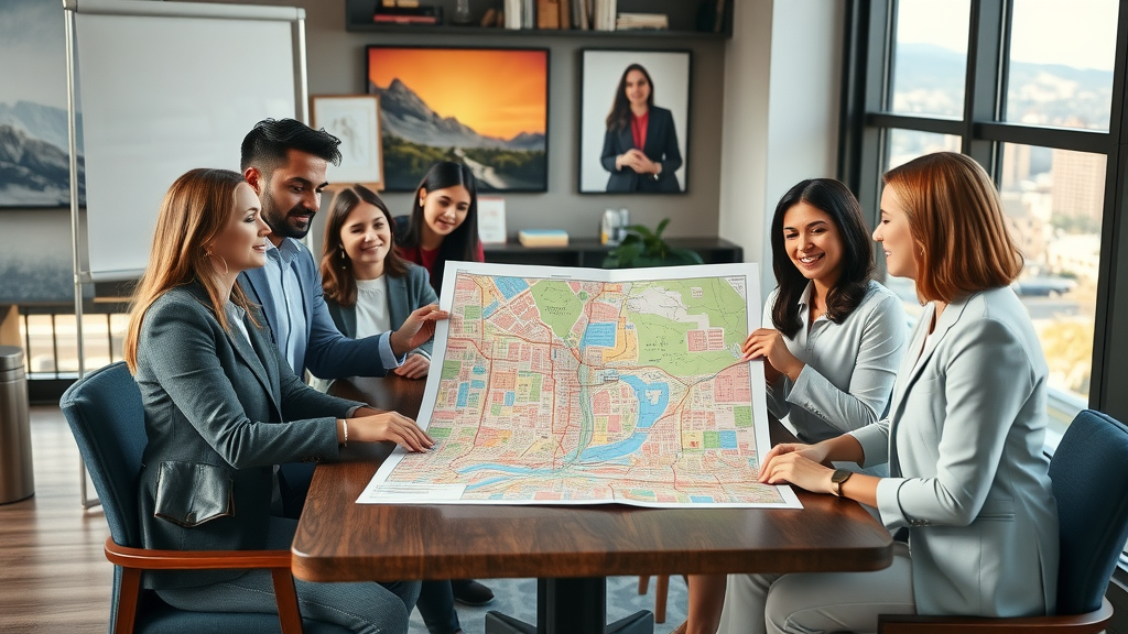 Salt Lake experienced realtors analyzing local market at urban office, city view